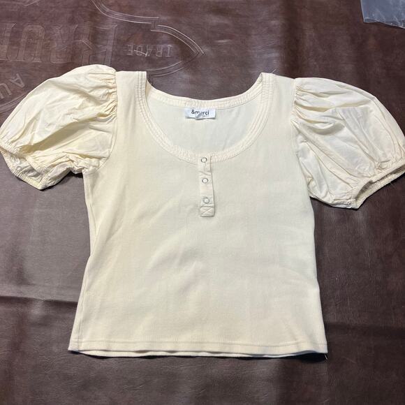&Merci Cream Puff Sleeve Top M Henley Rib Knit Stretch Romantic Cottagecore - Picture 2 of 13